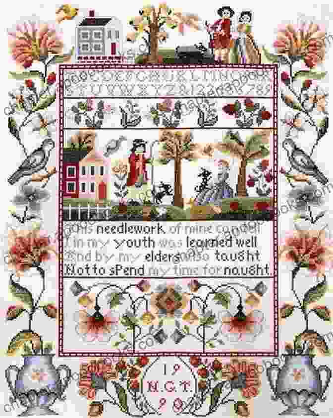 A Close Up Of The Infancy Stage Of The Counted Cross Stitch Sampler, Showcasing Intricate Details And Symbolism. Advanced Counted Cross Stitch Pattern The Voyage Of Life: Childhood Thomas Cole: Needlepoint Design For Adults Famous Landscape By Classic Artist