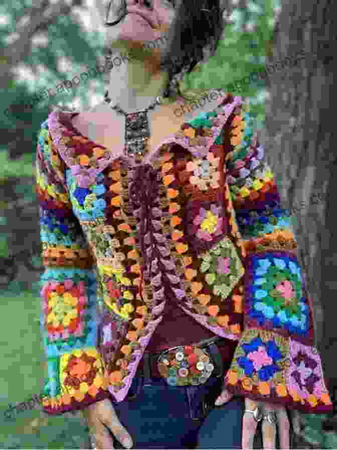 Crochet Granny Square Coat Worn By A Model In A Bohemian And Stylish Outfit Crochet Pattern Granny Square Coat PB093 R