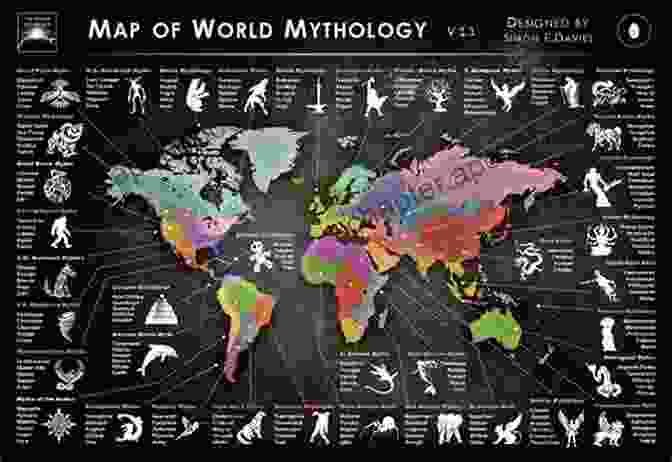 World Map With Mythical Creatures And Symbols Legends Myths And Tales From Around The World